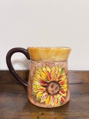 Clay Art Tuscan Sunflower Coffee Tea Mug Rustic Hand Painted 4.25 "